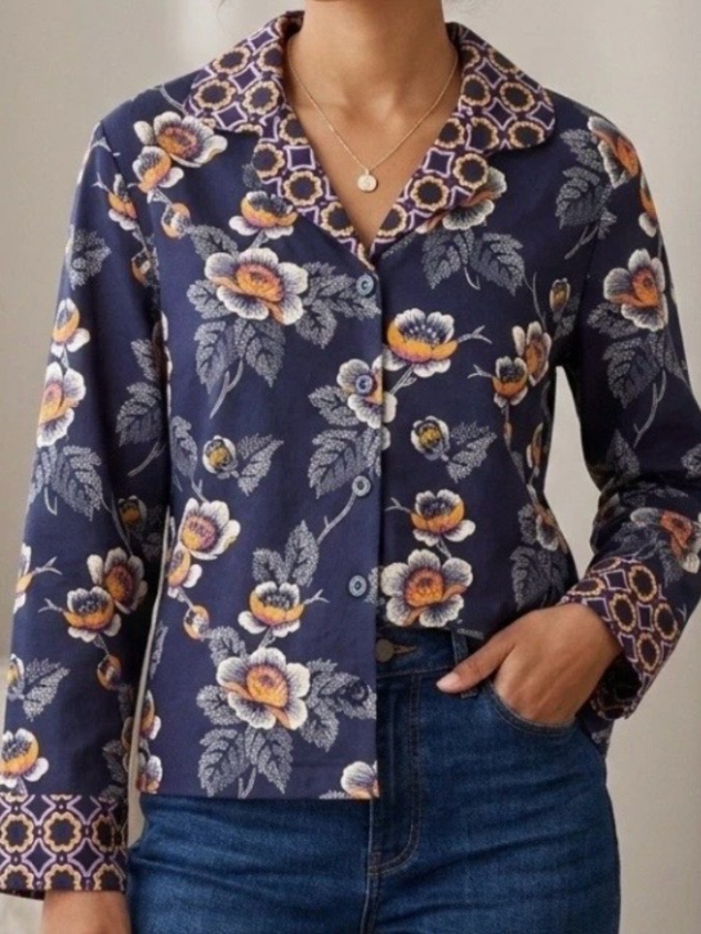Vera Bradley Floral Button Front Cardigan Top Navy Long Sleeve Size S